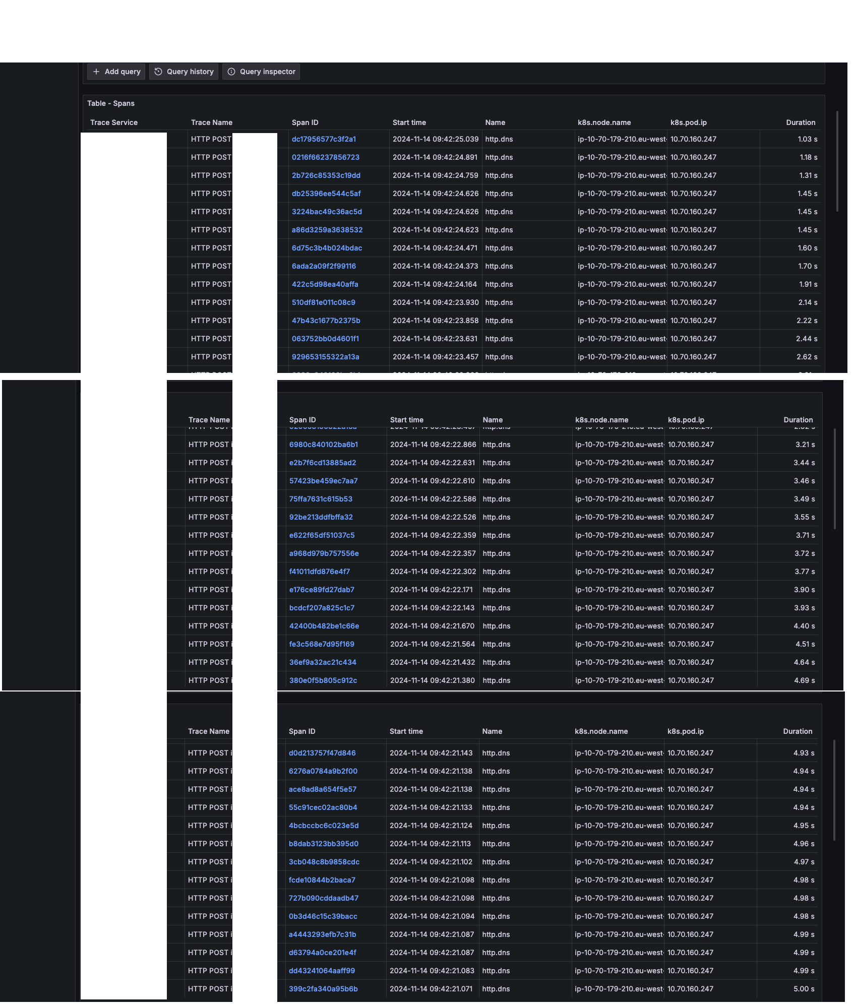 Des traces opentelemetry montrant des latences DNS entre 5 et 0 secondes décroissantes